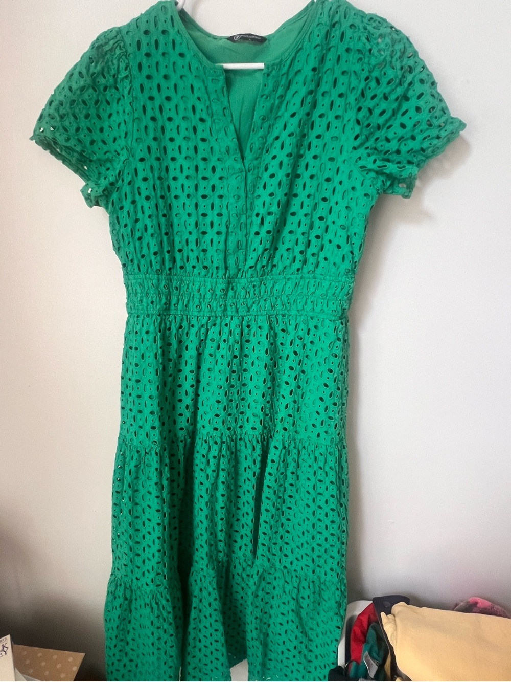 Pretty garden Green Eyelet Maxi Dress with Smocked Waist